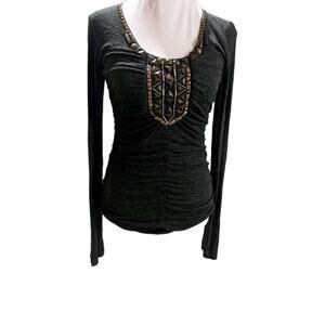 CAbi Women's Shirt Size Small Antoinette Ruched Embellished Shirt Gray Stretchy